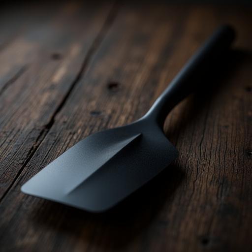 An elegant, matte black grilling spatula resting on a piece of dark, weathered wood.