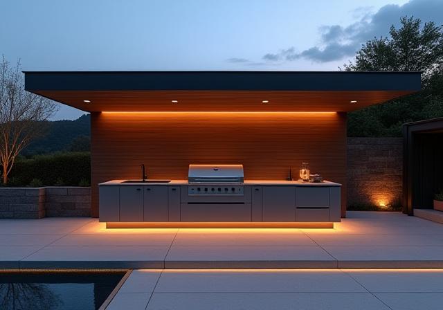 A beautifully designed, minimalist outdoor kitchen with dark wood, concrete, and a built-in grill at twilight.
