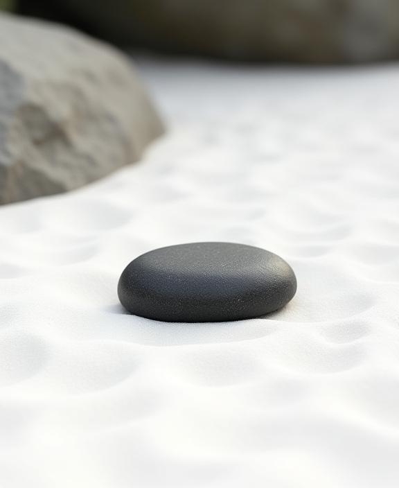 A minimalist Japanese rock garden with a single, dark stone, representing the concept of 'Mu'.